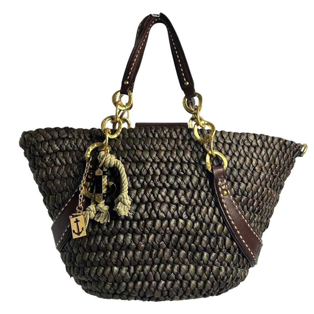 Juicy Couture Y2K Woven Straw Nautical Anchor Charm Tote Bag Brown - Picture 2 of 16
